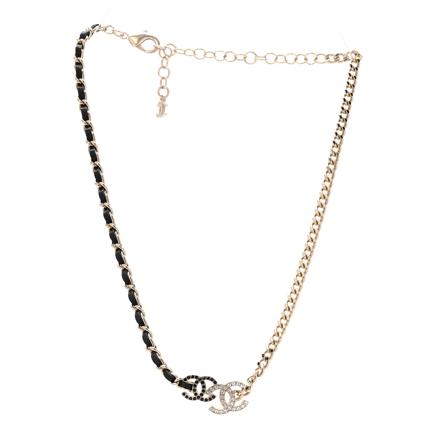 Chanel Metal Calfskin Crystal Double CC Short Necklace Black Gold