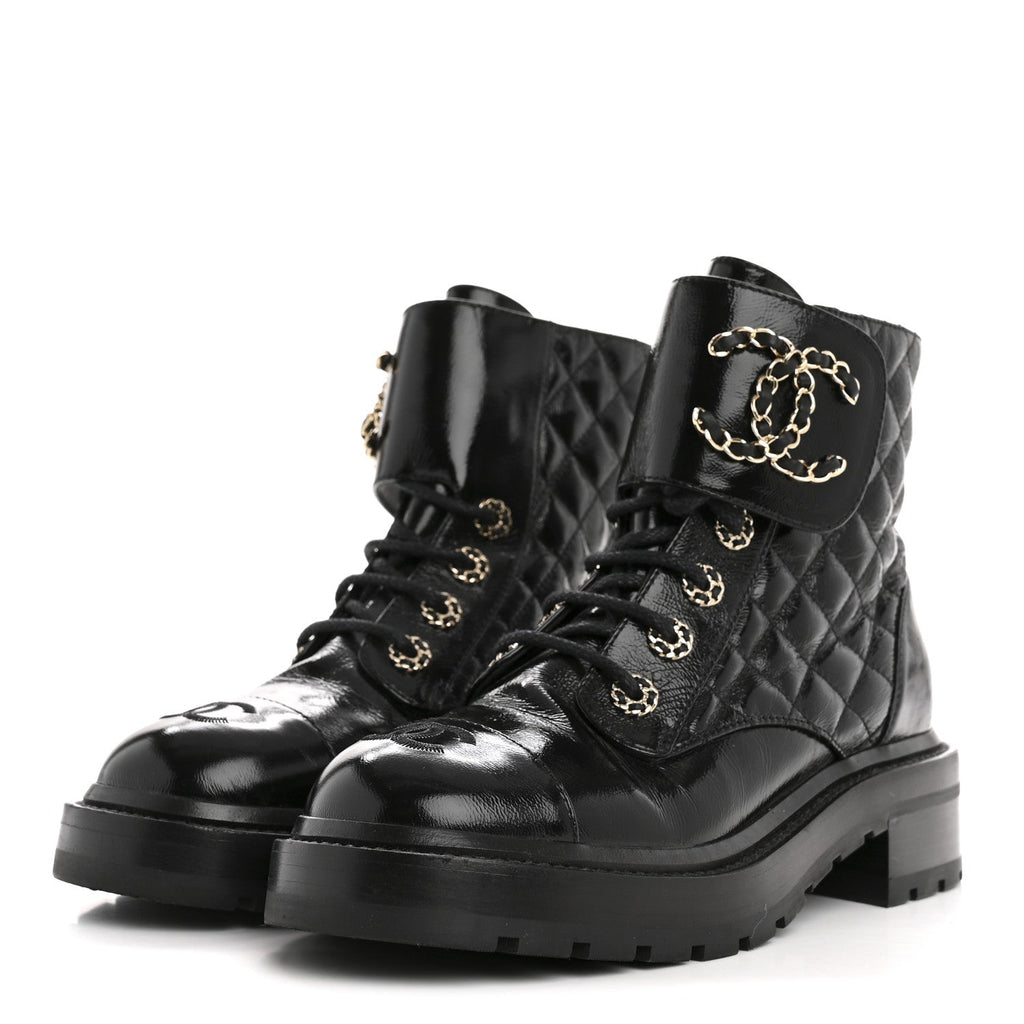 Chanel Shiny Goatskin Calfskin Quilted Lace Up Combat Boots 36.5 Black