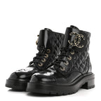 Chanel Shiny Goatskin Calfskin Quilted Lace Up Combat Boots 36.5 Black