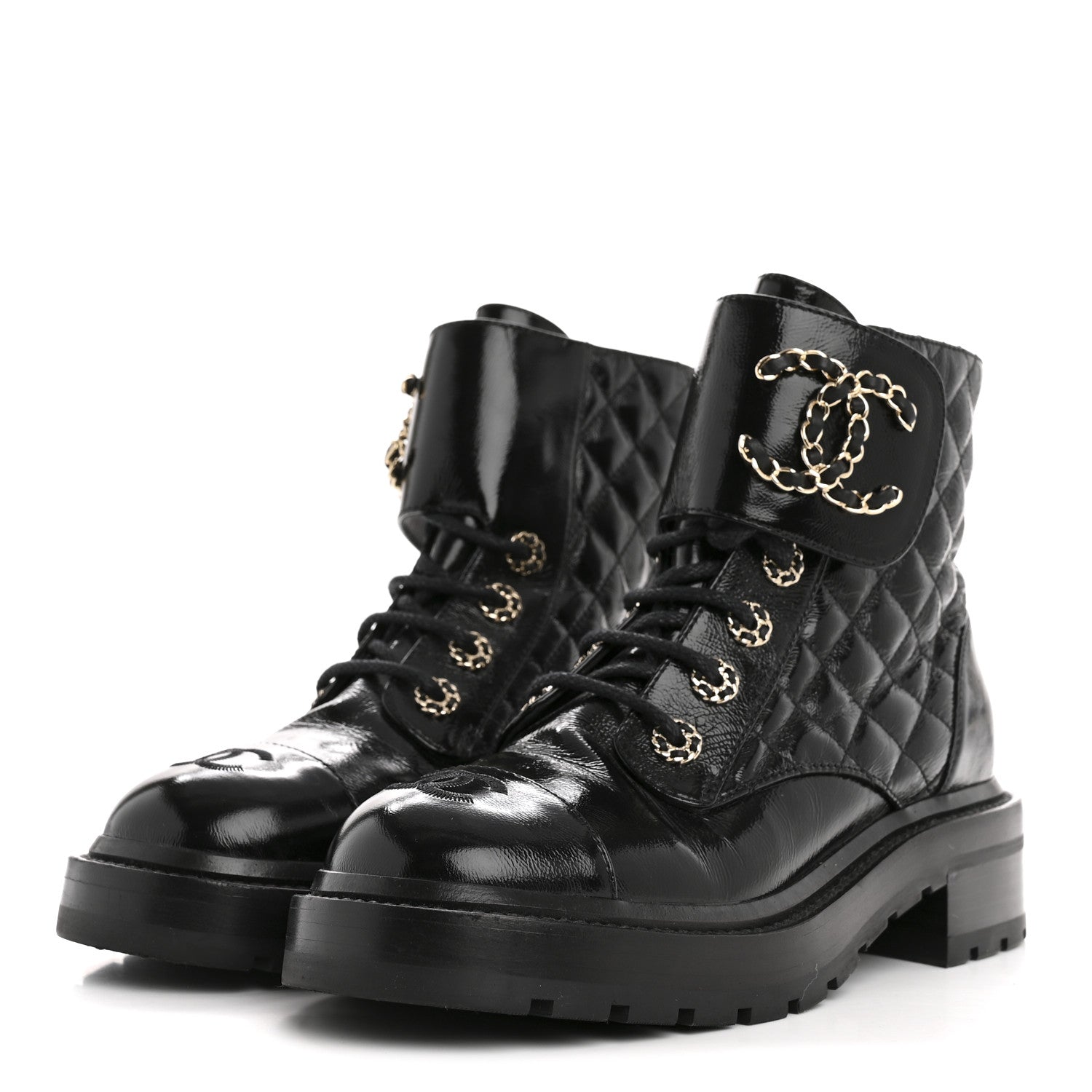 Chanel Shiny Goatskin Calfskin Quilted Lace Up Combat Boots 36.5 Black