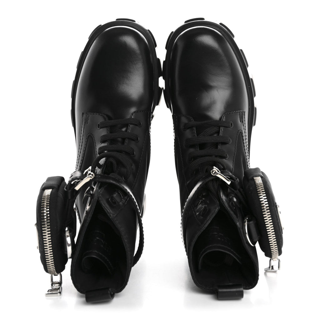 Prada Spazzolato Rois Nylon Metal Triangle Logo Monolith Pouch Pocket 55mm Boots 36.5 Black