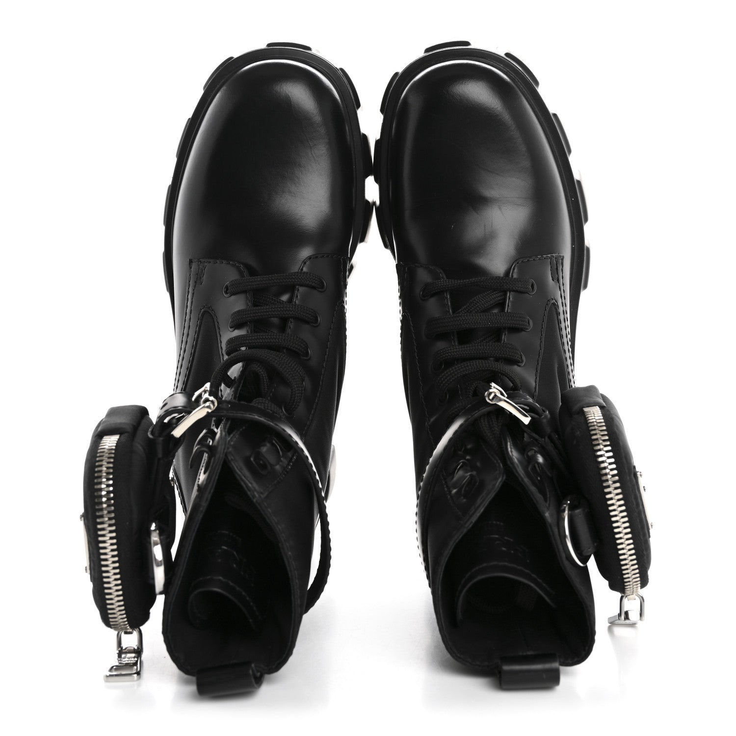 Prada Spazzolato Rois Nylon Metal Triangle Logo Monolith Pouch Pocket 55mm Boots 36.5 Black