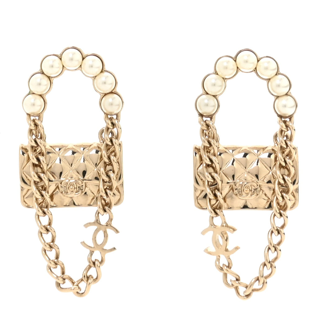 Chanel Metal Pearl Quilted CC Flap Bag Earrings Gold