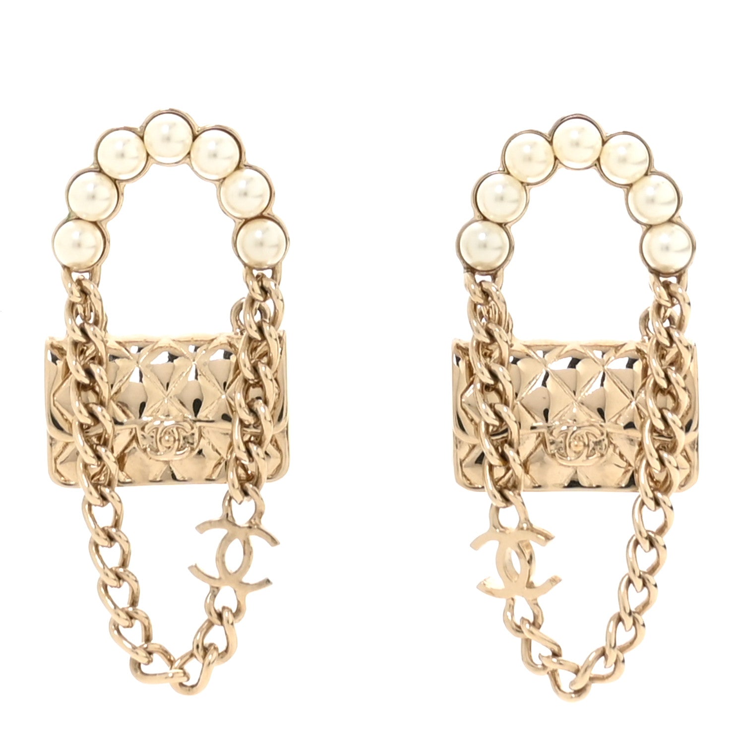 Chanel Metal Pearl Quilted CC Flap Bag Earrings Gold