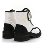 Chanel Fabric Grosgrain Quilted Cap Toe Lace Up Combat Boots 38.5 White Black