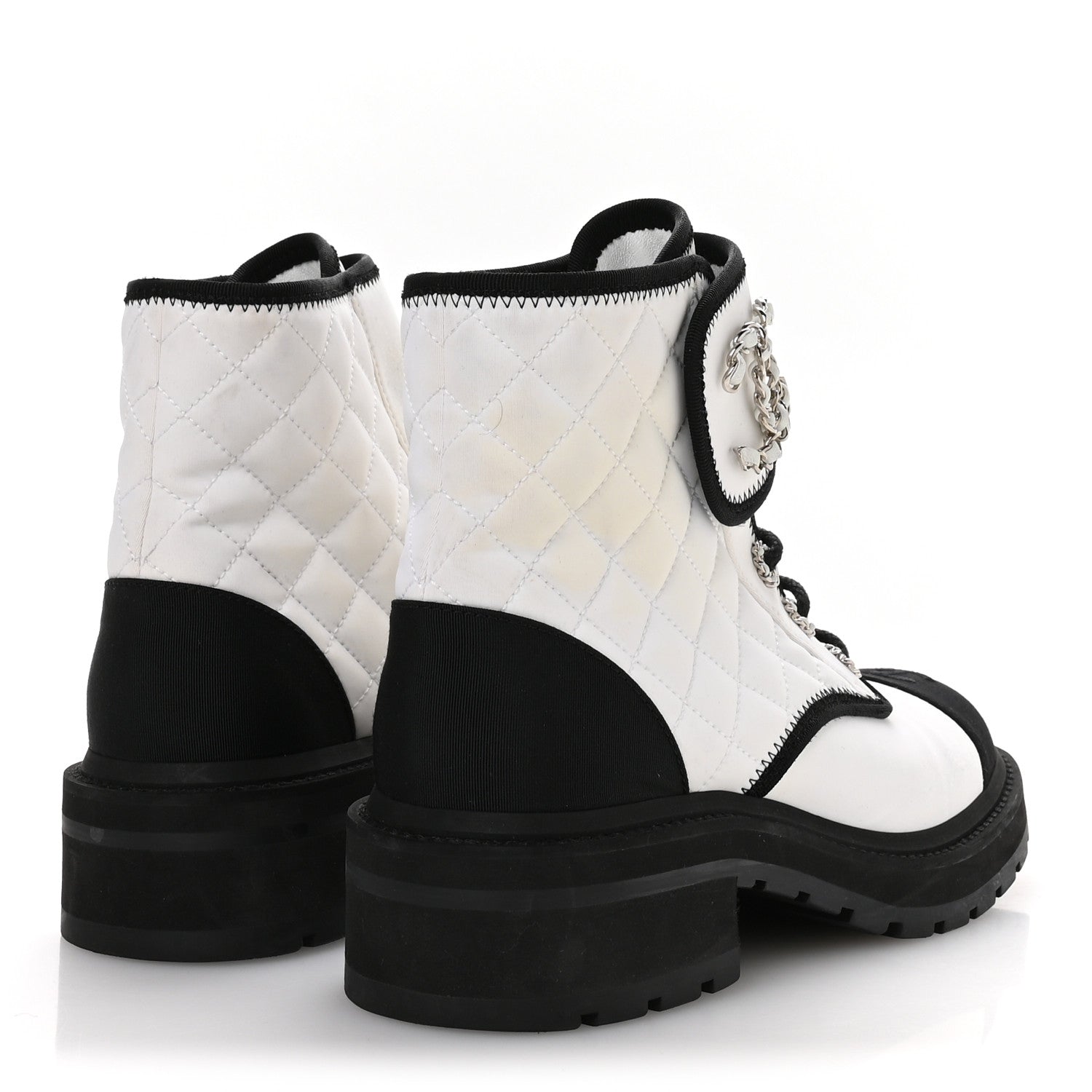 Chanel Fabric Grosgrain Quilted Cap Toe Lace Up Combat Boots 38.5 White Black