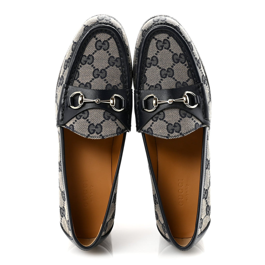 Gucci Canvas GG Monogram Horsebit Calfskin Womens Horsebit Platform Loafers 37.5 Beige Blue