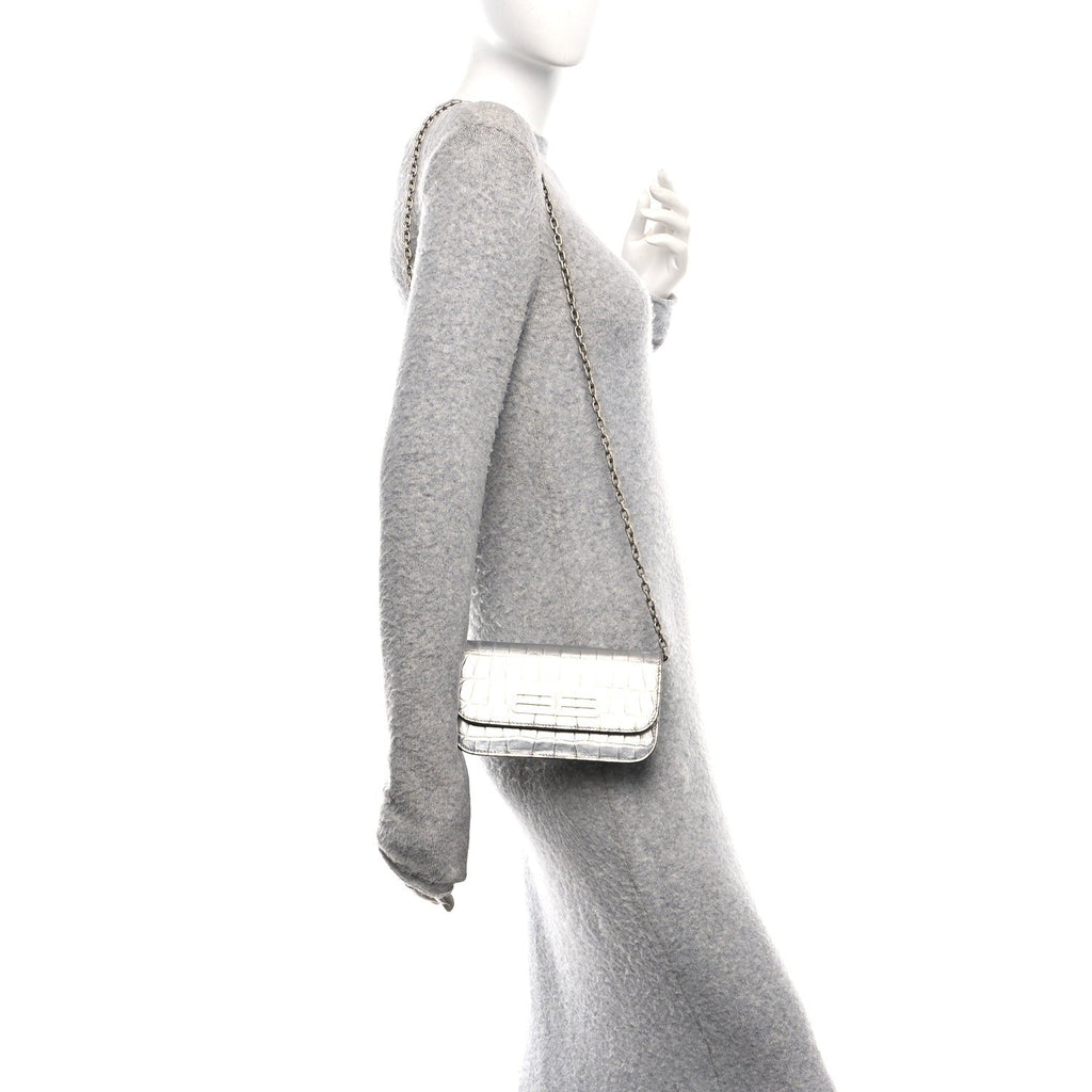 Balenciaga Metallic Extra Supple Calfskin Crocodile Embossed Gossip Wallet On Chain Silver