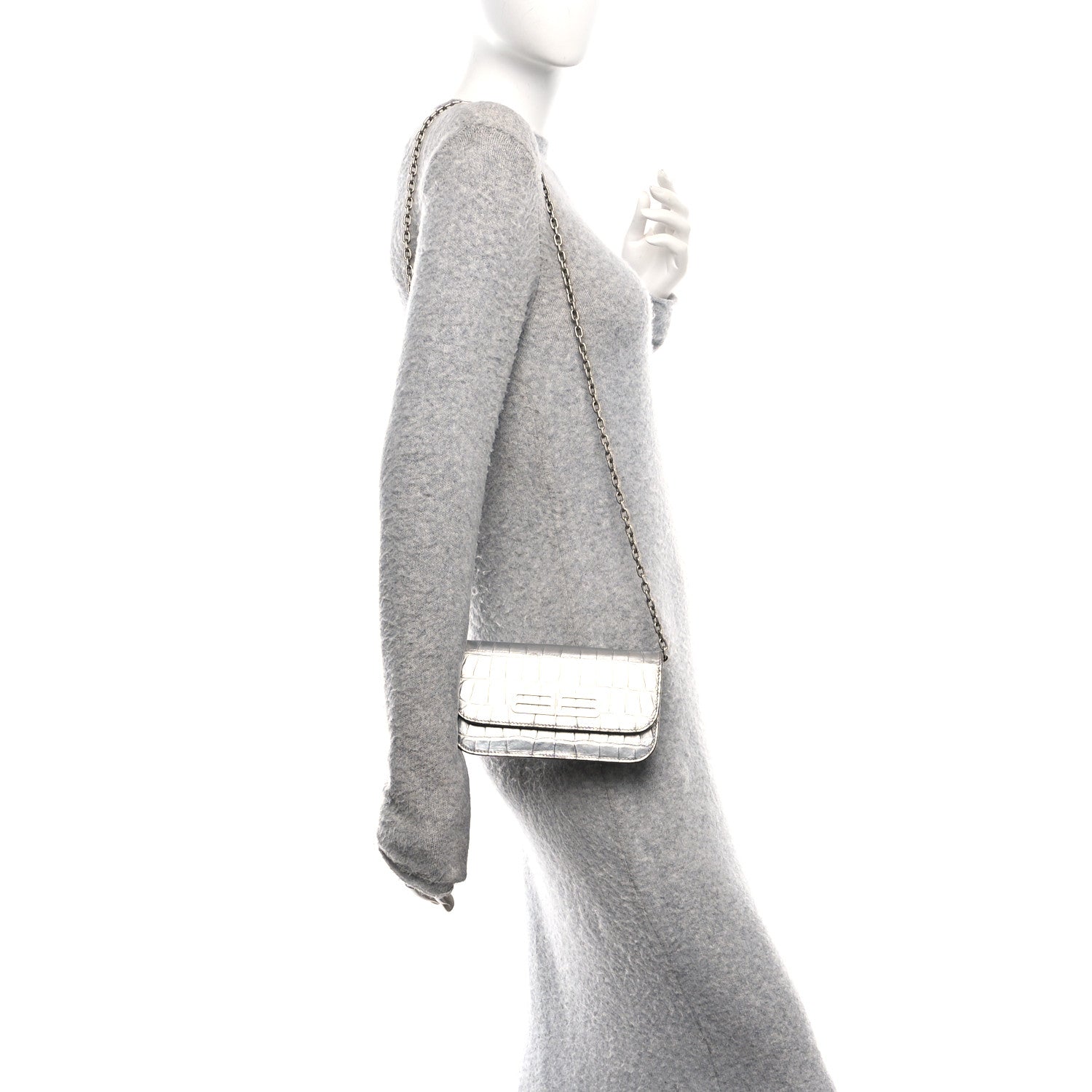 Balenciaga Metallic Extra Supple Calfskin Crocodile Embossed Gossip Wallet On Chain Silver