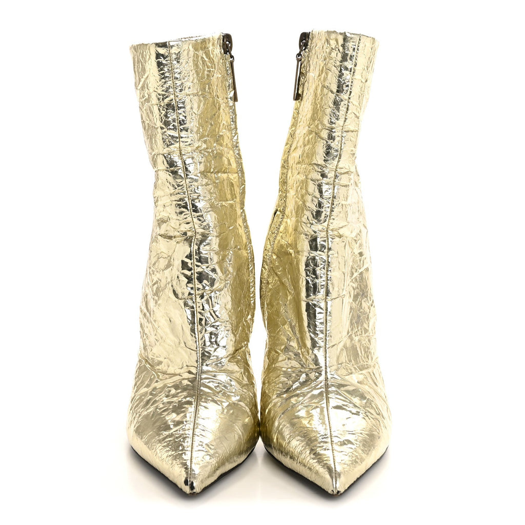 Saint Laurent Metallic Crinkled Polyurethane Calfskin Kiki Pointed Toe Ankle Boots 38 Gold