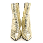 Saint Laurent Metallic Crinkled Polyurethane Calfskin Kiki Pointed Toe Ankle Boots 38 Gold