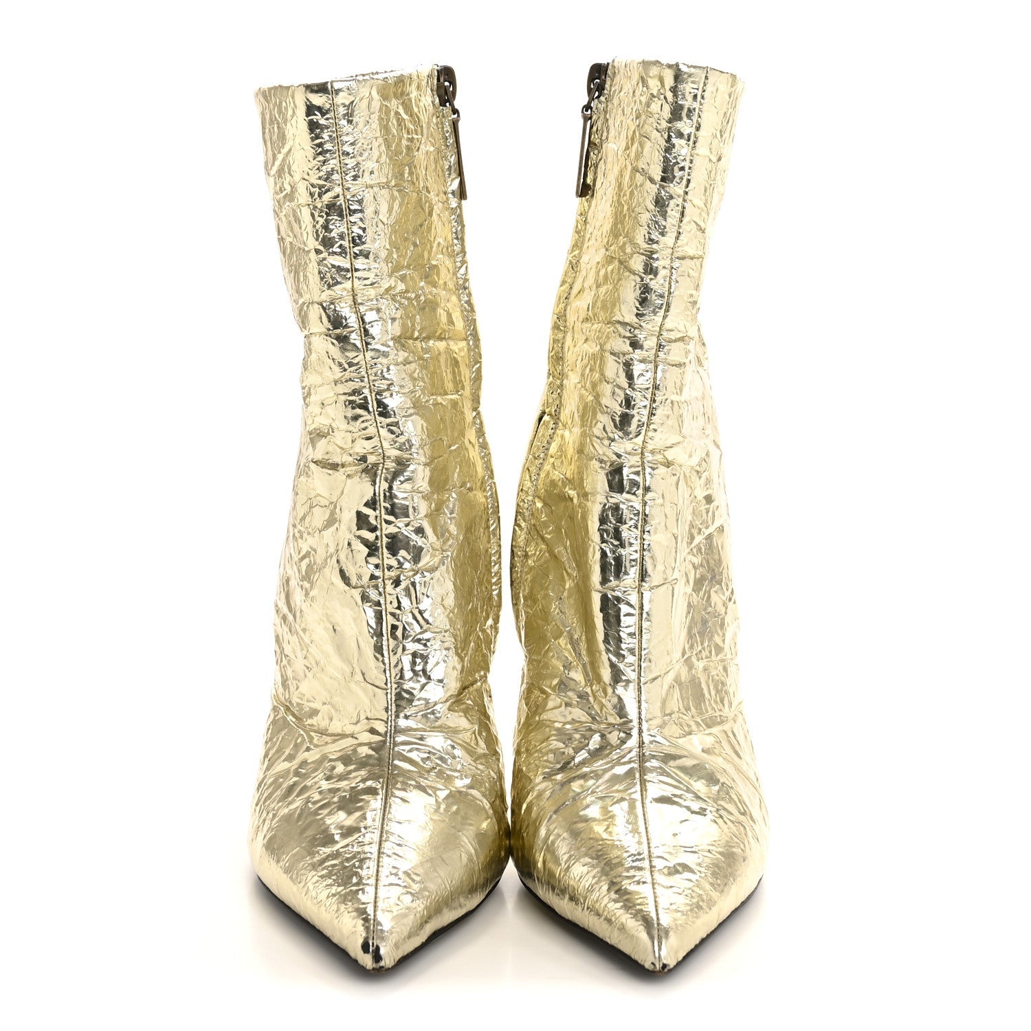 Saint Laurent Metallic Crinkled Polyurethane Calfskin Kiki Pointed Toe Ankle Boots 38 Gold
