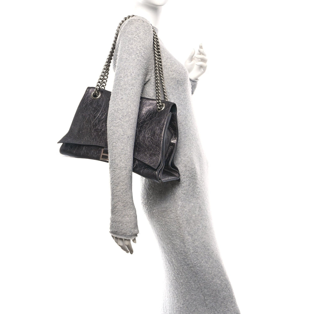 Balenciaga Metallic Crushed Calfskin Large Crush Chain Bag Steel Grey