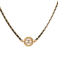 Chanel Metal Calfskin Crystal Chain CC Choker Necklace Black Gold