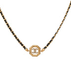 Chanel Metal Calfskin Crystal Chain CC Choker Necklace Black Gold
