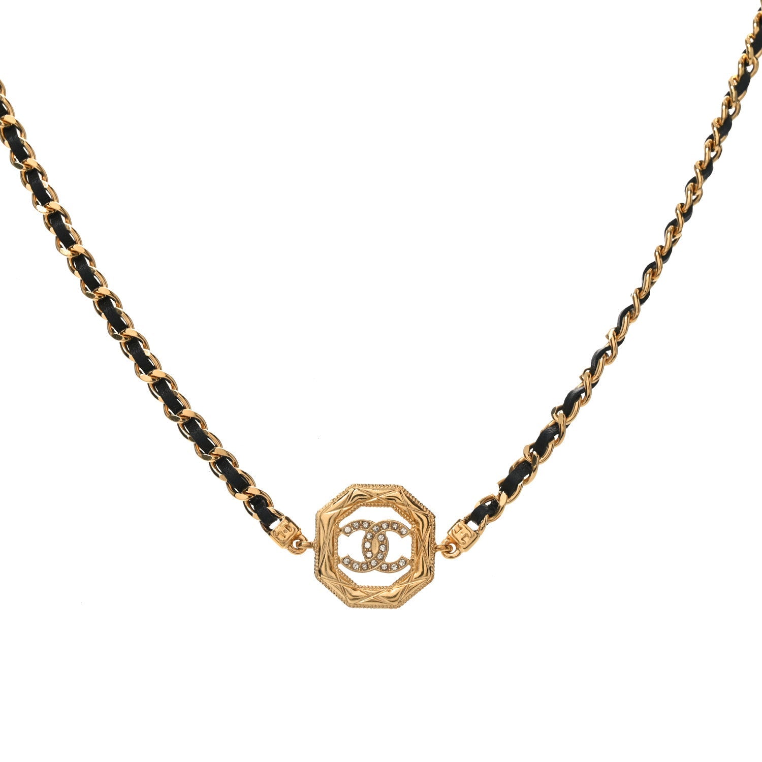 Chanel Metal Calfskin Crystal Chain CC Choker Necklace Black Gold