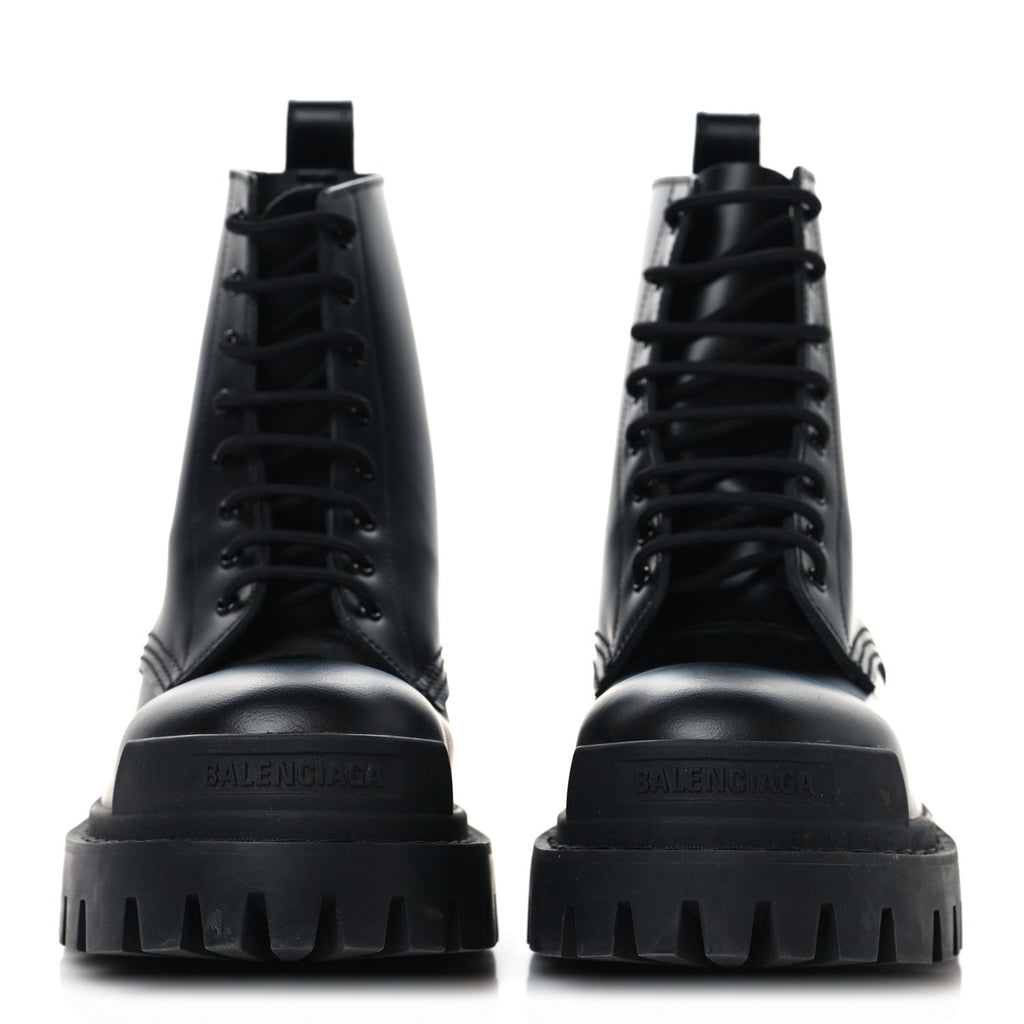 Balenciaga Calfskin Womens Strike 20mm Lace Up Boots 38 Black