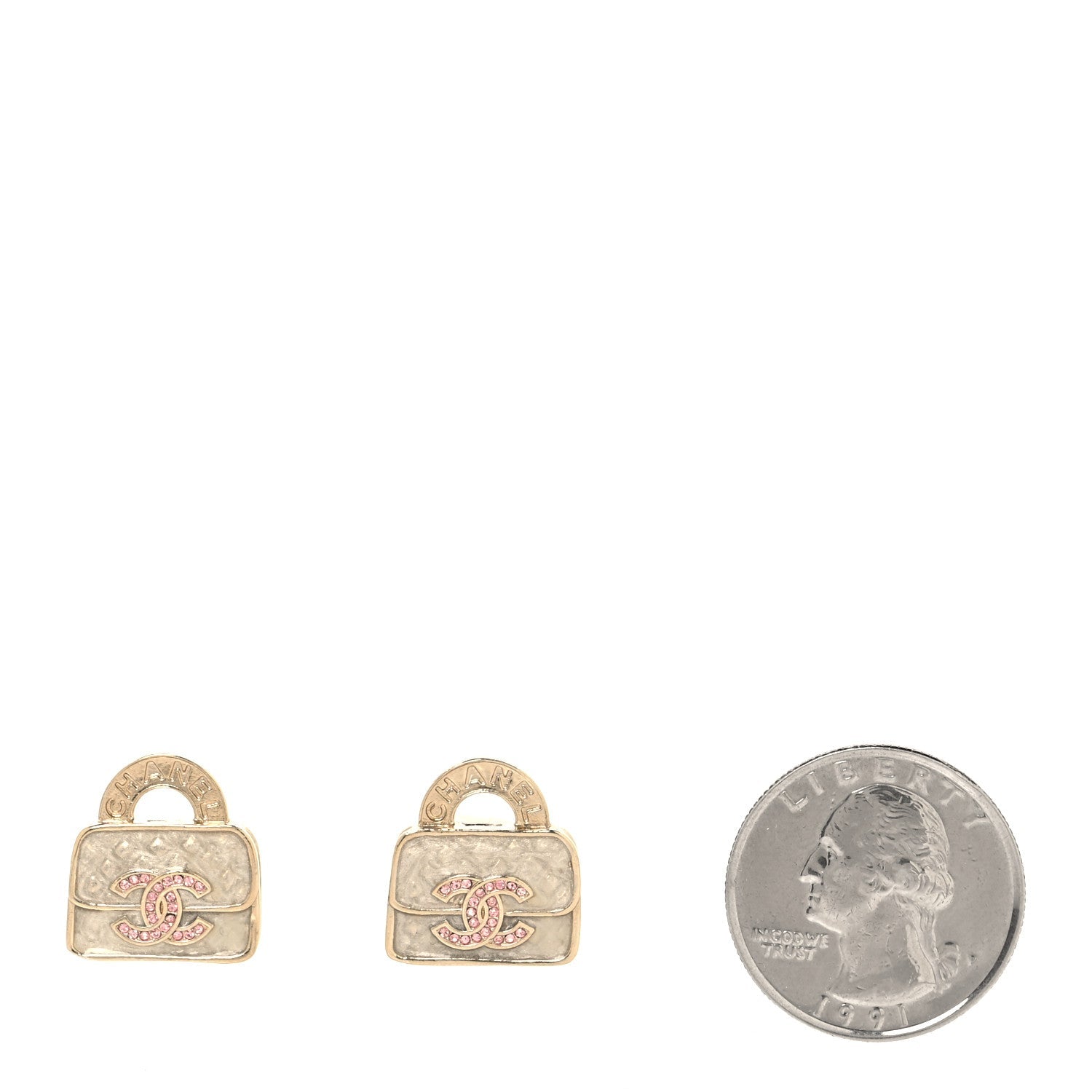 Chanel Metal Crystal Resin CC Top Handle Bag Clip On Earrings Pink White Gold