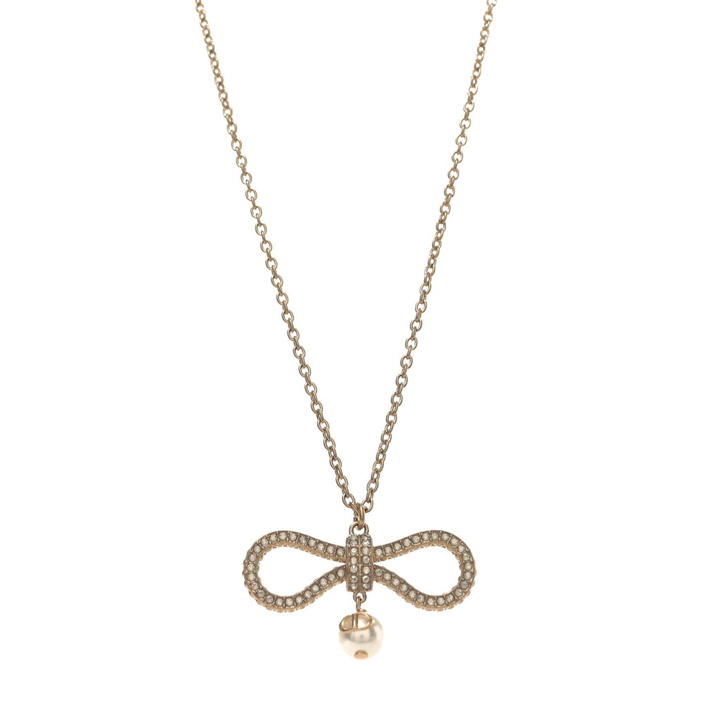 Christian Dior Metal Crystal Pearl CD Bow Necklace Gold