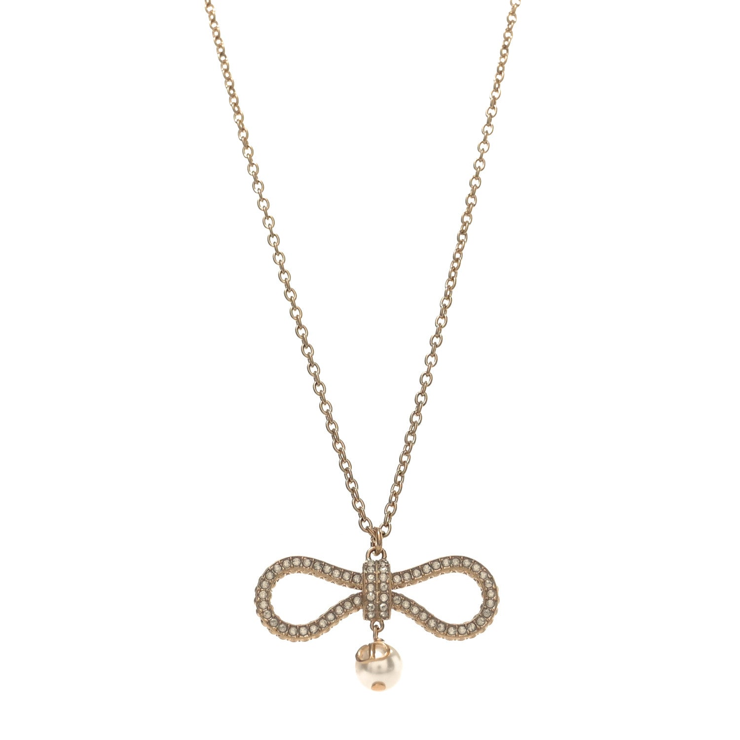 Christian Dior Metal Crystal Pearl CD Bow Necklace Gold