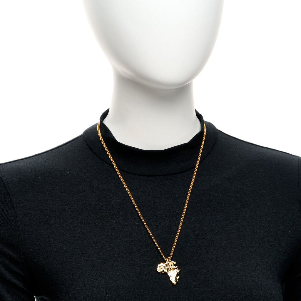 Chanel Metal Pearl Crystal CC Dakar Pendant Necklace Gold White
