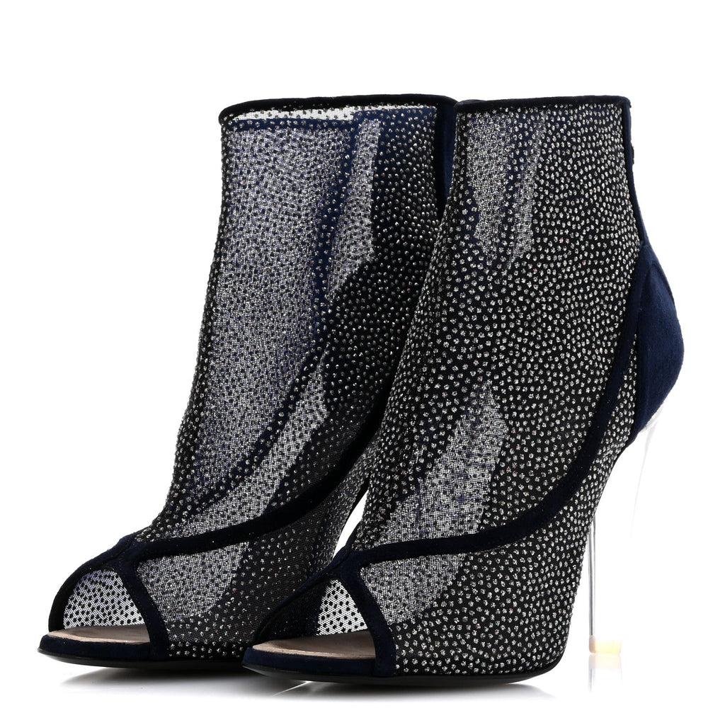 Chanel Mesh Crystal Open Toe Ankle Boots 40 Navy