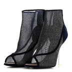 Chanel Mesh Crystal Open Toe Ankle Boots 40 Navy