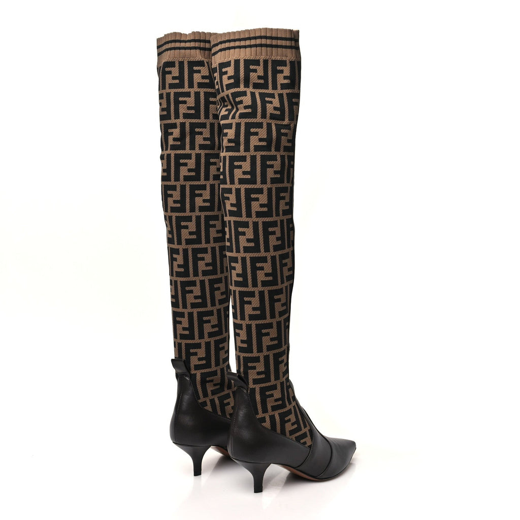 Fendi Nappa Microfiber Fabric FF Rockoko Thigh High Boots 35 Ebano Tobacco Black