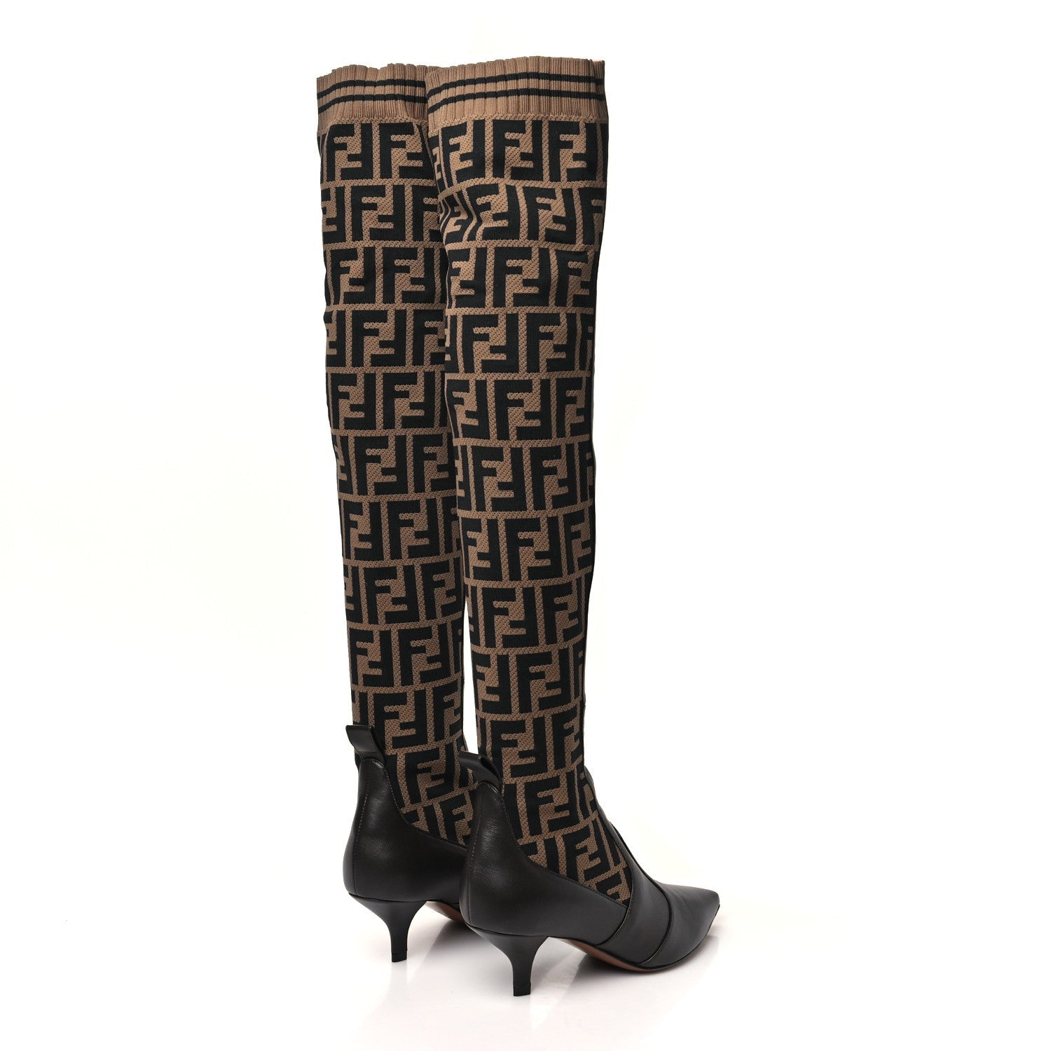 Fendi Nappa Microfiber Fabric FF Rockoko Thigh High Boots 35 Ebano Tobacco Black