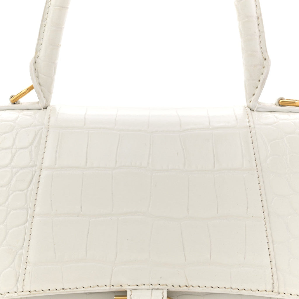 Balenciaga Calfskin Crocodile Embossed Small Hourglass Top Handle Bag White