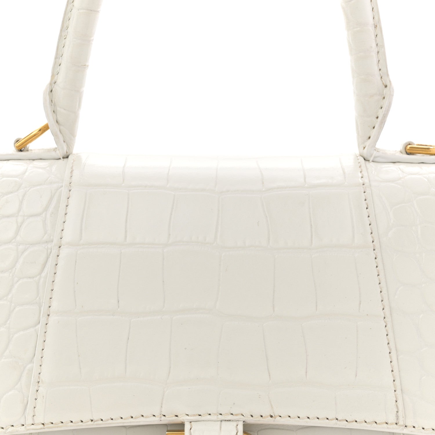 Balenciaga Calfskin Crocodile Embossed Small Hourglass Top Handle Bag White