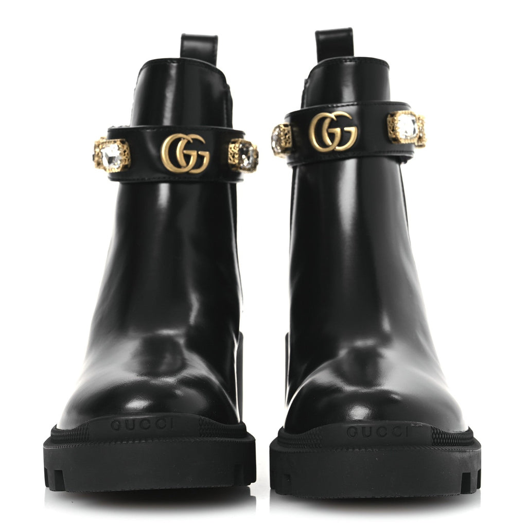 Gucci Calfskin Crystal GG Trip Chelsea Ankle Boots 35.5 Black