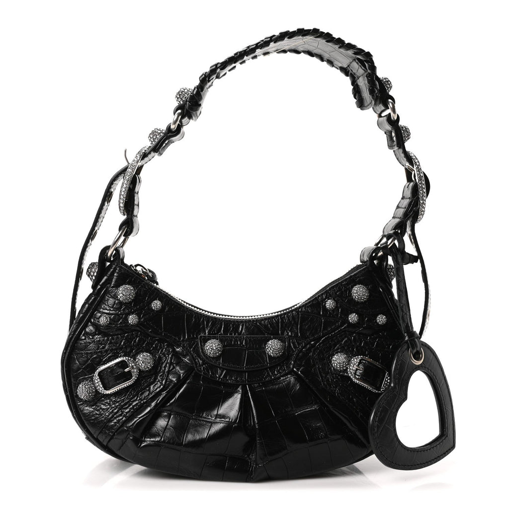 Balenciaga Extra Supple Calfskin Crystal Crocodile Embossed Le Cagole Shoulder Bag XS Black