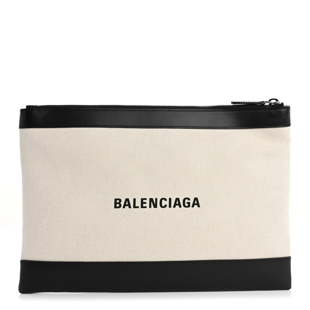 Balenciaga Calfskin Cotton Canvas Logo Clutch Black
