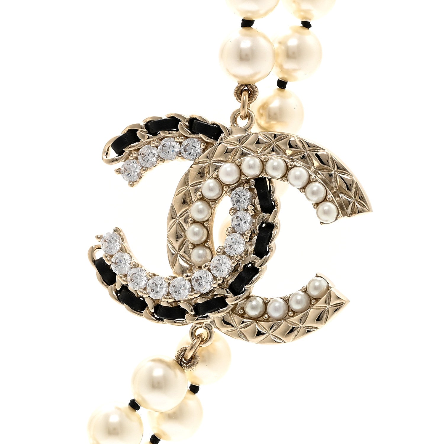 Chanel Pearl Crystal Lambskin CC Long Necklace Gold Black