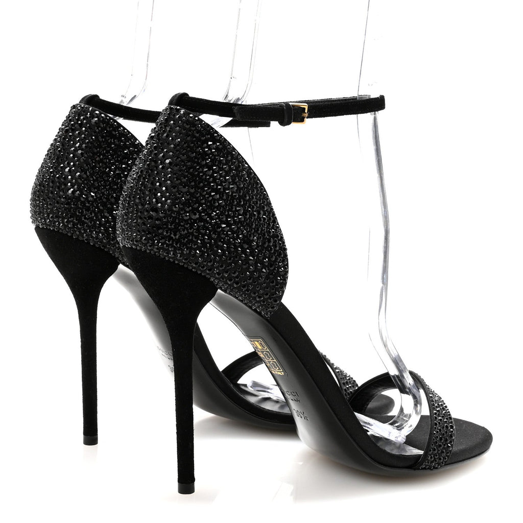 Gucci Suede Satin Crystal Ankle Strap High Heel Sandals 39.5 Black