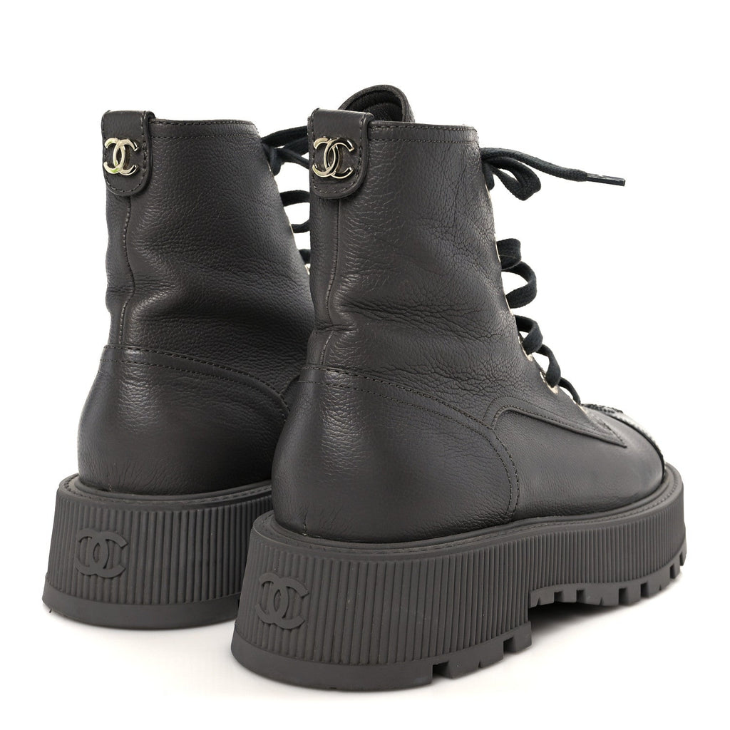 Chanel Grained Calfskin Shiny Calfskin CC Lace Up Combat Boots 41 Gray Black