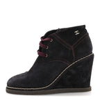 Chanel Suede Lace Up Wedge Booties 37 Dark Blue