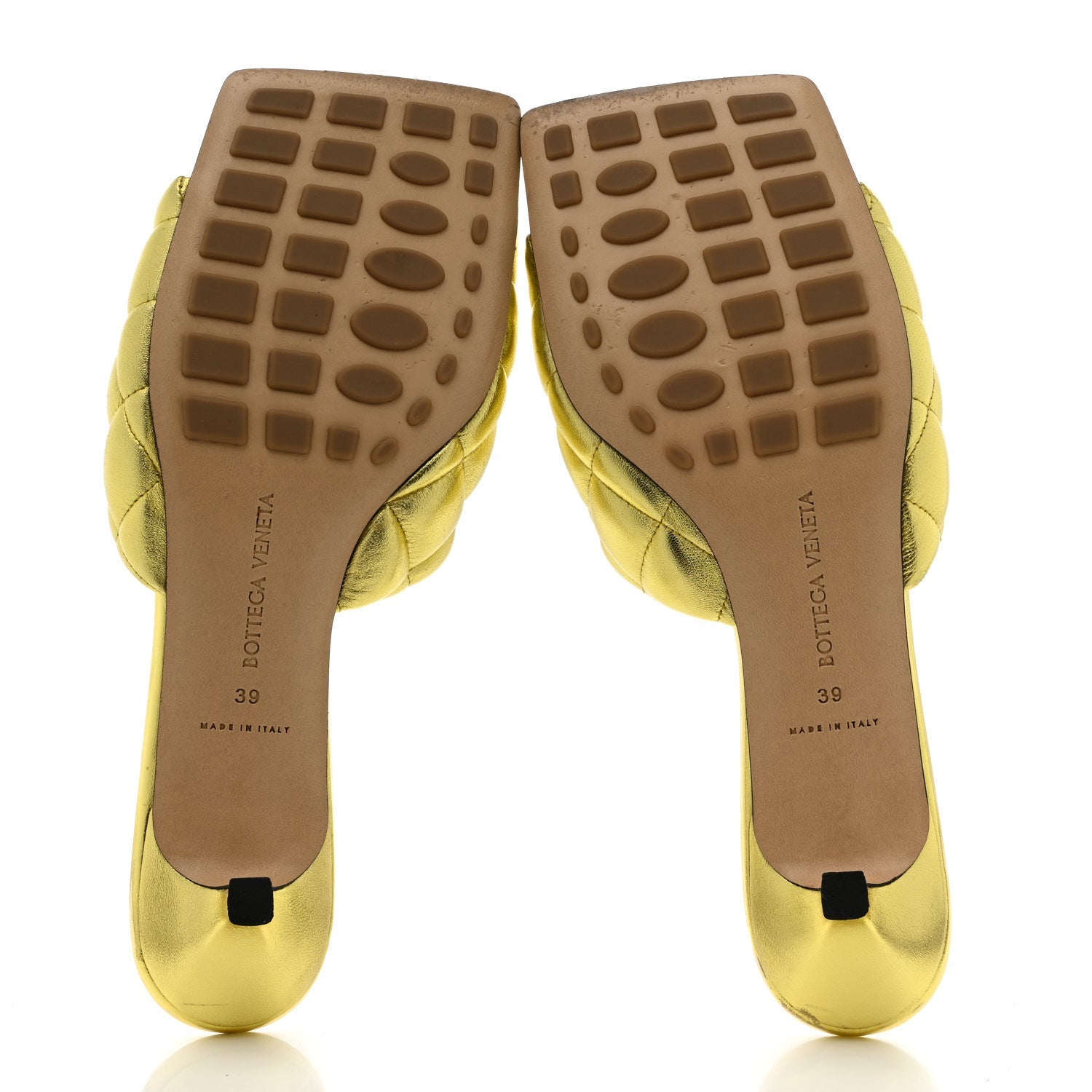 Bottega Veneta Metallic Nappa Reflection Matelasse Padded Kitten Heel Mule Sandals 39 Gold