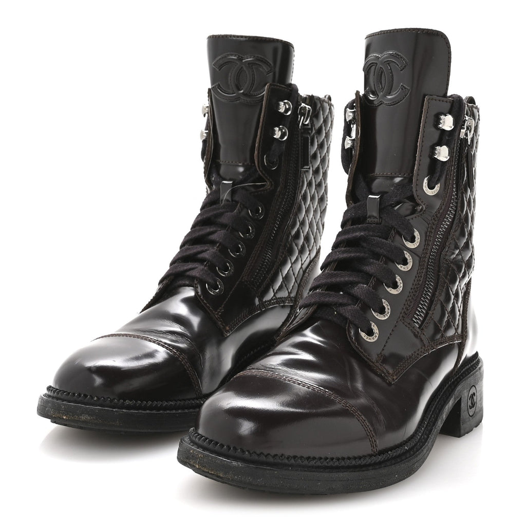 Chanel Shiny Calfskin Quilted CC Lace Up Combat Boots 37.5 Dark Burgundy