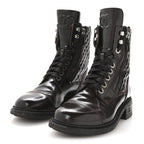 Chanel Shiny Calfskin Quilted CC Lace Up Combat Boots 37.5 Dark Burgundy
