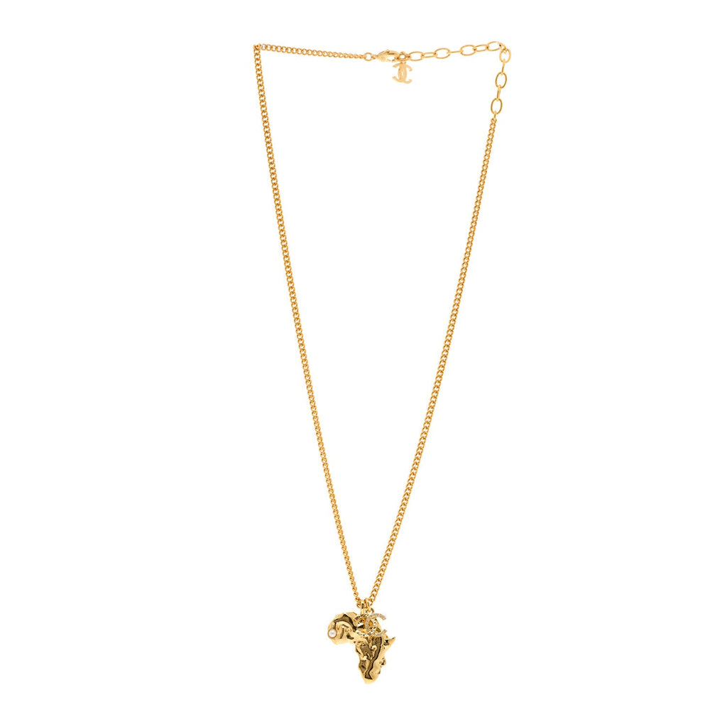 Chanel Metal Pearl Crystal CC Dakar Pendant Necklace Gold White