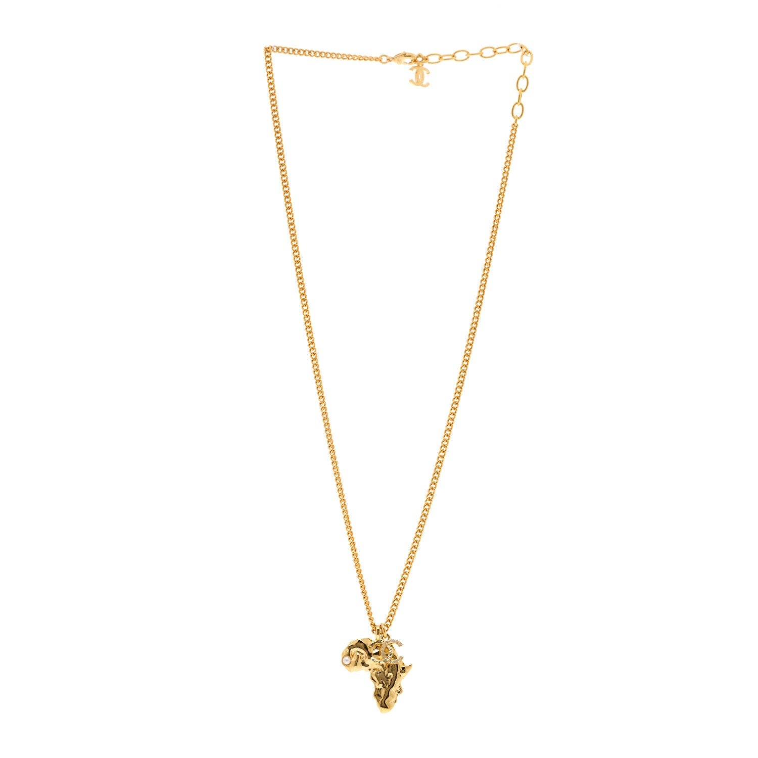 Chanel Metal Pearl Crystal CC Dakar Pendant Necklace Gold White