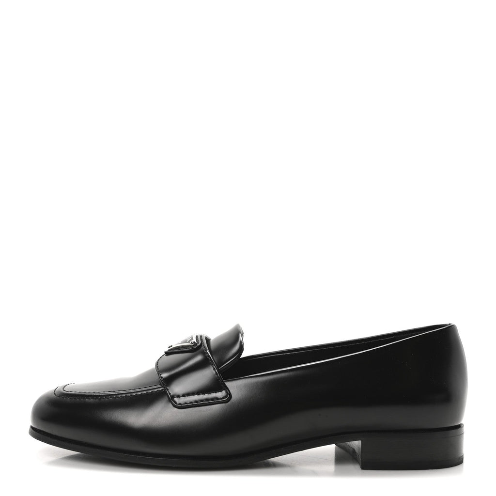 Prada Brushed Calfskin Metal Triangle Logo 20mm Loafers 36.5 Black