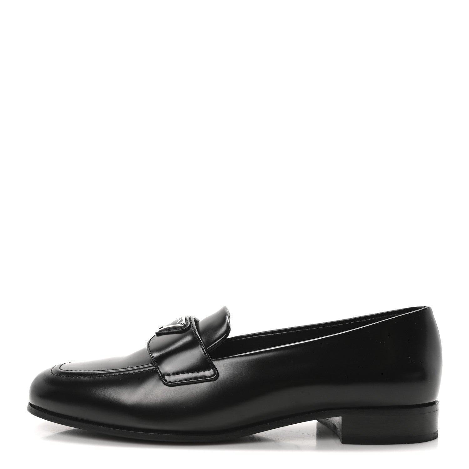 Prada Brushed Calfskin Metal Triangle Logo 20mm Loafers 36.5 Black