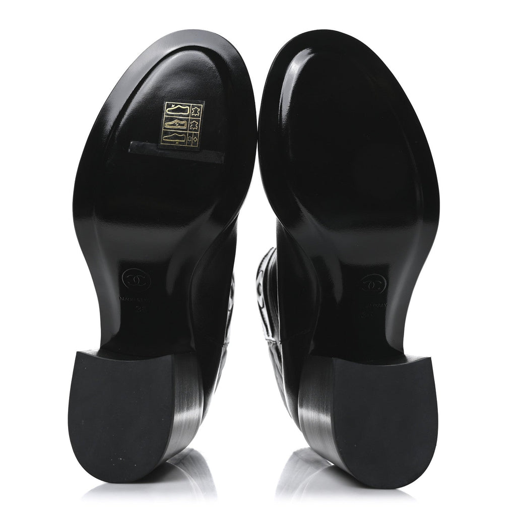 Chanel Calfskin Patent Quilted Cap Toe CC Boots 37 Black
