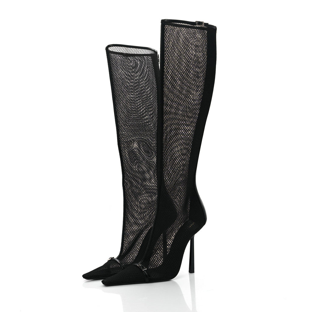 Saint Laurent Mesh Oxails Knee High Boots 40 Black