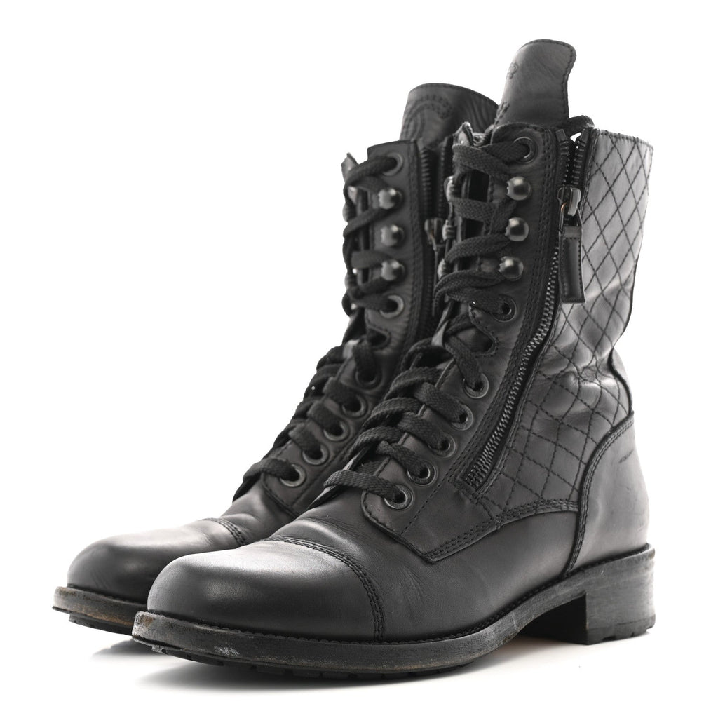 Chanel Calfskin Quilted Lace Up Combat Boots  38 Black