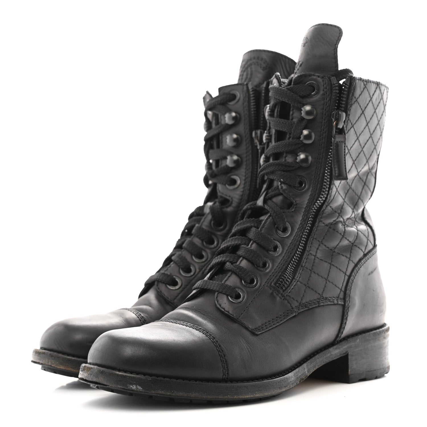 Chanel Calfskin Quilted Lace Up Combat Boots  38 Black