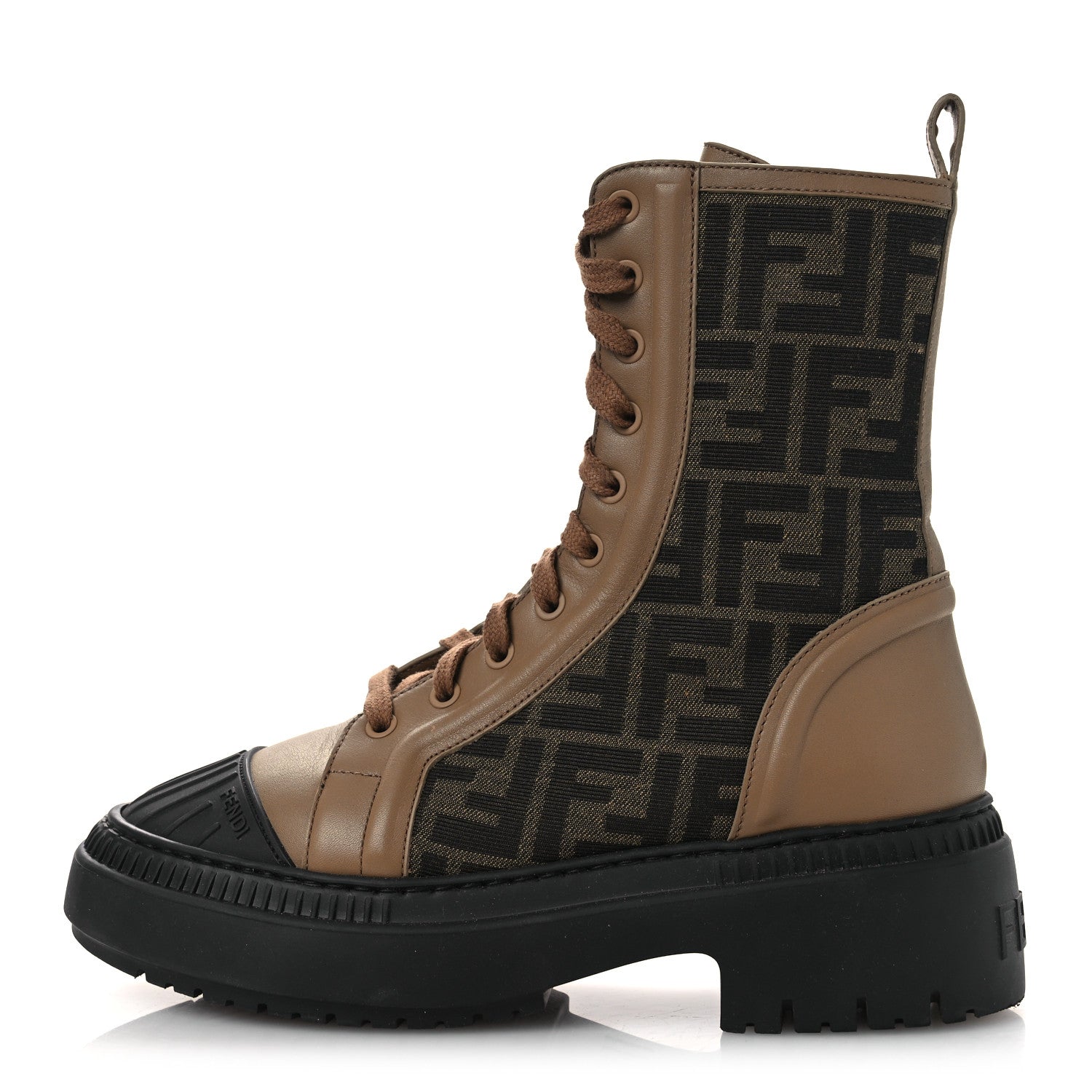 Fendi Fabric Jacquard Vitello FF Domino 50mm Biker Boots 38 Tobacco Black Sand